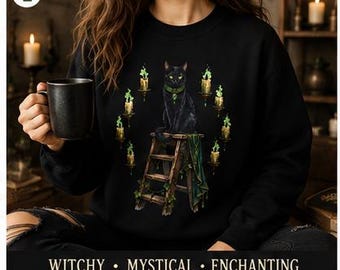 Black Cat on Ladder Sweatshirt | Vintage Candles Occult Witchy Crewneck