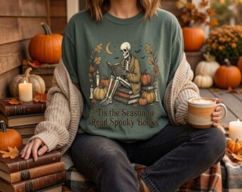 Skeleton Reading Books T-Shirt | 'Tis the Season to Read Spooky Books, Halloween