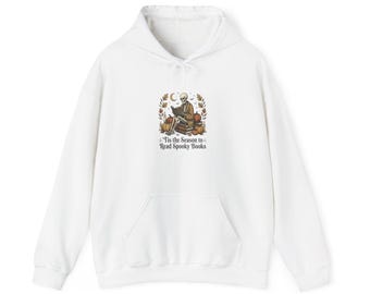 Cozy Skeleton Reading Pumpkin Hoodie | Spooky Books Autumn Illustration