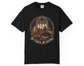 October Academia Illustration T-shirt | Gothic Books Pumpkin Spellbook Design