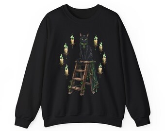 Black Cat on Ladder Sweatshirt | Vintage Candles Occult Witchy Crewneck