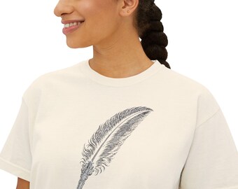 Vintage Quill Feather Women's Tee | Minimalist Botanical Writing Shirt