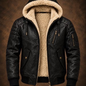 Puede incluir: Una chaqueta de cuero negro con forro de sherpa beige y capucha a juego con cordones. La chaqueta incluye un cierre de cremallera frontal, dos bolsillos laterales con botones a presión, un bolsillo en el pecho con cremallera y puños acanalados.