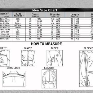 Puede incluir: Una tabla de tallas en blanco y negro titulada Men Size Chart con columnas para medidas de pecho, hombro, largo y manga en pulgadas y cent&iacute;metros. Debajo, una secci&oacute;n titulada HOW TO MEASURE muestra dibujos lineales para medir el pecho, la cintura, el b&iacute;ceps, la manga y el hombro.