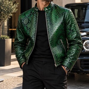 Green Snakeskin Leather Jacket for Men, Leather Biker Jacket, Exotic Reptile Print Motorcycle Jacket, Stylish Designer Outerwear