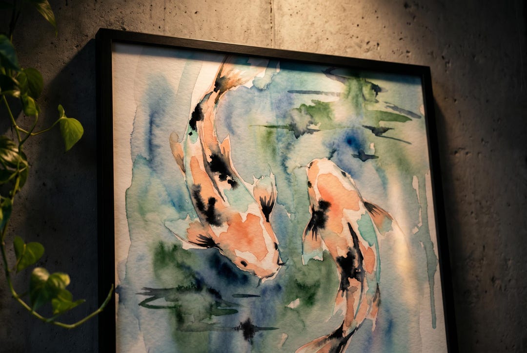 Koi Fish Watercolor Print | Japanese Pond Art Poster | Peach and Teal ...