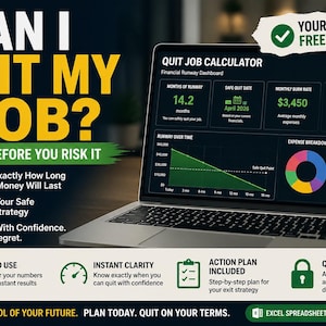 Może przedstawiać: Ekran laptopa wyświetlający panel finansowy z tekstem "Can I Quit My Job?" i "Quit Job Calculator". Ekran pokazuje dane finansowe, w tym czas działania, bezpieczną datę odejścia i podział wydatków. Obraz zawiera również tekst "Your Financial Freedom Plan."