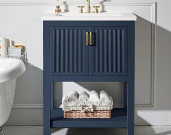 24" Bathroom Vanity with Ceramic Sink, Modern Farmhouse Cabinet, Navy Blue Vanity