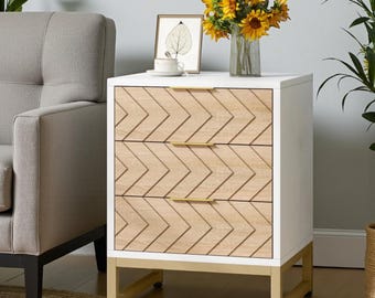 Mesita de noche moderna en oro blanco con 3 cajones, mesa auxiliar de dormitorio con espacio de almacenamiento.
