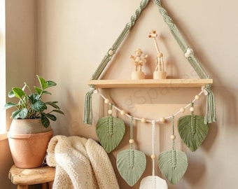 Estante colgante de pared de macramé, perchero bohemio para plantas, estante flotante rústico con decoración de hojas tejidas
