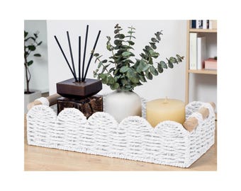 Cesta de almacenamiento de cuerda de papel festoneada con asas de madera / Organizador de papel higiénico y baño, color neutro