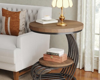 Round Faux Marble End Table Storage Shelf