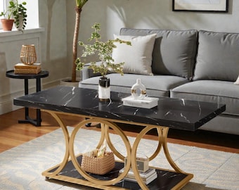 Mesa de centro moderna de imitación mármol con estante de almacenamiento y estructura de metal dorado de 47,24 pulgadas.