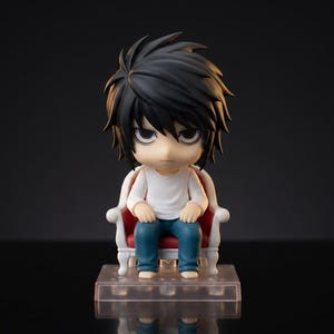 Puede incluir: Una figura de un personaje con cabello negro y una camisa blanca, sentado en una silla roja y blanca. La figura está sobre una base transparente, con un fondo oscuro.