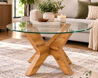 Round Glass Coffee Table, 31.5 Inch Modern Coffee Table, Tempered Glass Center Table, Natural Wood Living Room Table, Small Accent Table