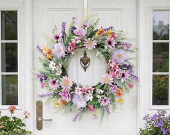 Summer Daisy Lavender Wreath, Farmhouse Front Door Decor, Wildflower Floral Wall Hanging