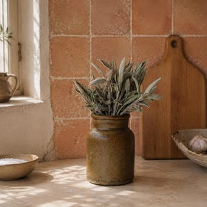 Può includere: Un vaso in ceramica marrone scuro riempito con un mazzetto di foglie di salvia essiccate. Il vaso ha una forma cilindrica con un bordo leggermente svasato e una finitura terrosa e ruvida. È posizionato in verticale, con un aspetto rustico.