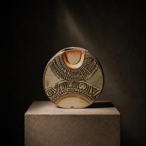 Pode incluir: Um vaso de cerâmica circular com base plana e uma abertura estreita no topo. A superfície apresenta um esmalte bege e branco sujo com padrões geométricos esculpidos e texturizados, incluindo linhas radiantes e motivos circulares.