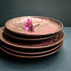 May include: A stack of six brown ceramic plates with a speckled red glaze. A single purple flower rests on top of the plates. The plates have a rustic, handmade appearance, suitable for serving food.