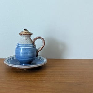 Vintage Studio Pottery Oil Lamp Attached Tray Blue Stoneware Handmade Ceramic