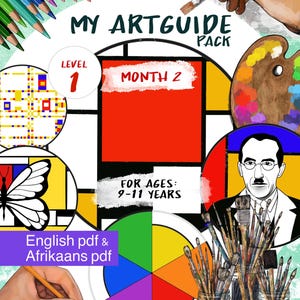 May include: A digital art guide pack titled MY ARTGUIDE PACK by Piet Mondriaan, Level 1, Month 2, for ages 9-11 years. The cover features colored pencils, a paint palette, a color wheel, a portrait, and paintbrushes in jars. Includes 12 pages.