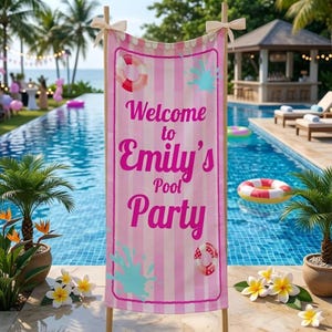 May include: A pink and white striped sign that reads "Welcome to Emily's Pool Party" is displayed near a pool. The sign has a scalloped top and is decorated with images of life preservers and water splashes. The sign is supported by wooden poles.
