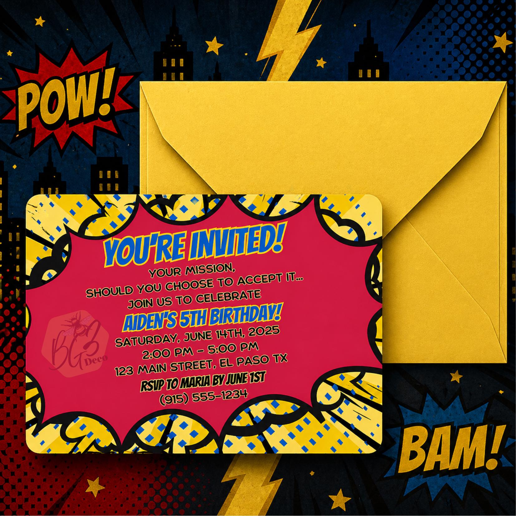 Superhero Birthday Invitation, Comic Book Party Invite, Custom (digital ...
