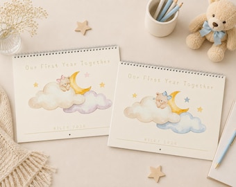 Baby's First Year Scrapbook Calendar, Sleepy Bear Moon Nursery Keepsake, Personalized Pink or Blue