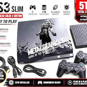 May include: A black PS3 Slim console with the Metal Gear Solid 4 Edition design, two controllers, and a 5TB hard drive. Includes all cables and is fully tested. The console is ready to play, with CFW installed and homebrew capabilities.