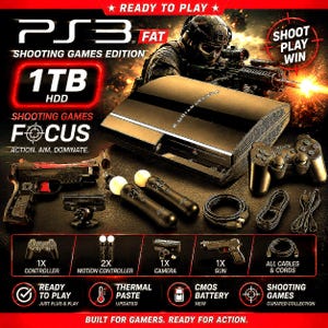 Modded PS3 Fat 1TB | Ultimate Shoot Out Bundle | Move Controllers, Camera, Gun | Click and Play