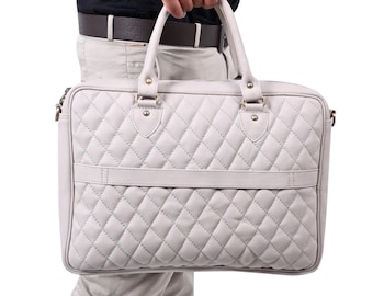 Full Grain Leather Briefcase, Quilted Laptop Bag, 15.6 Inch Satchel, Professional Messenger
