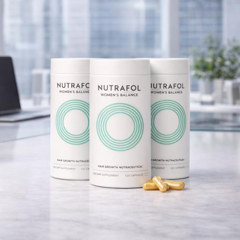 May include: Three white cylindrical bottles of Nutrafol Women's Balance hair growth supplement. Each bottle has a teal circular design and text. Several gold capsules are in front of the bottles. The background is blurred.
