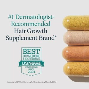 May include: Image features a stack of four capsules in varying shades of yellow, peach, and orange. Text reads: "#1 Dermatologist-Recommended Hair Growth Supplement Brand." A "BEST" award from U.S. News for vitamins for hair growth is also displayed.