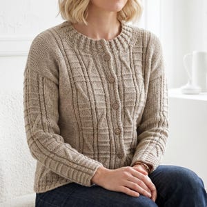 May include: A beige, button-down cardigan sweater with a textured knit pattern. The sweater features a round neckline, long sleeves, and wooden buttons. The design includes vertical and diagonal textured panels. The person is wearing blue jeans.
