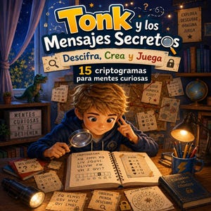 May include: Illustration of a young person engrossed in a book titled "Tonk y los Mensajes Secretos." The image features a magnifying glass, cryptic notes, and the text "Descifra, Crea y Juega." A dinosaur figurine and a desk lamp are also visible.