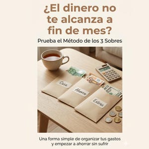 Puede incluir: Imagen de una mesa con tres sobres etiquetados como "Casa", "Ahorro" y "Extras", cada uno con dinero. También hay una taza de té y una calculadora en la mesa. El texto dice "¿El dinero no te alcanza a fin de mes?" y "Prueba el Método de los 3 Sobres".