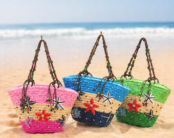 Ręcznie tkana torba ze słomy – kolorowa, letnia torebka plażowa z kwiatowymi koralikami
