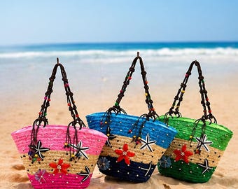Handwoven Straw Tote Bag – Colorful Summer Beach Handbag with Floral Beads