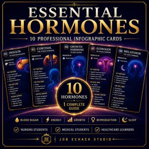 Peut inclure: Un ensemble de 10 cartes infographiques professionnelles intitulées Essential Hormones, détaillant des informations médicales sur l'insuline, le cortisol, l'hormone de croissance, l'œstrogène et la mélatonine. Les cartes présentent des schémas biologiques, des fonctions clés, des signes de carence et des conseils de soutien naturel avec du texte doré sur fond bleu foncé.