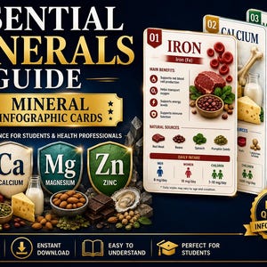 Peut inclure: Un ensemble de huit cartes infographiques Essential Minerals Guide avec du texte et des illustrations de sources alimentaires comme la viande rouge, le fromage, les noix et les huîtres. Les cartes affichent des symboles chimiques et des apports journaliers.