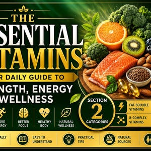 Peut inclure: Un graphique informatif intitulé THE ESSENTIAL VITAMINS YOUR DAILY GUIDE TO STRENGTH, ENERGY & WELLNESS. Il présente des images de saumon, brocoli, orange, kiwi, avocat et noix, avec des icônes et du texte détaillant les catégories de vitamines.