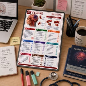 May include: A medical educational poster titled 02 STROKE, featuring anatomical illustrations of the brain, diagrams of ischemic and hemorrhagic strokes, and sections detailing symptoms, risk factors, treatment, diagnosis, and prevention methods.