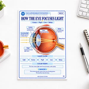 May include: An educational poster titled Visual Ophthalmology Foundations: How the Eye Focuses Light. The diagram illustrates the cornea, pupil, lens, and retina with yellow light rays, a light path flow chart, and text explaining the focusing process.