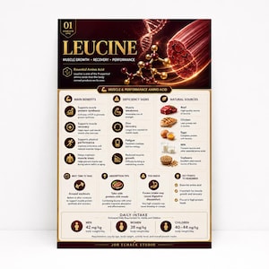 Peut inclure: Une affiche infographique éducative sur la leucine, présentant une structure moléculaire et une illustration de fibres musculaires. Elle détaille les bienfaits, signes de carence, sources alimentaires, moments de prise et apports quotidiens en mg/kg.