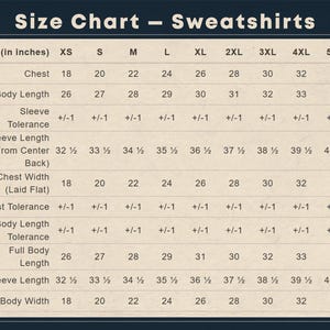 Puede incluir: Una tabla de tallas de sudaderas en color beige con texto oscuro titulada Size Chart - Sweatshirts. Enumera las medidas en pulgadas para las tallas de la XS a la 5XL, incluyendo pecho, longitud corporal, longitud de manga y tolerancias.