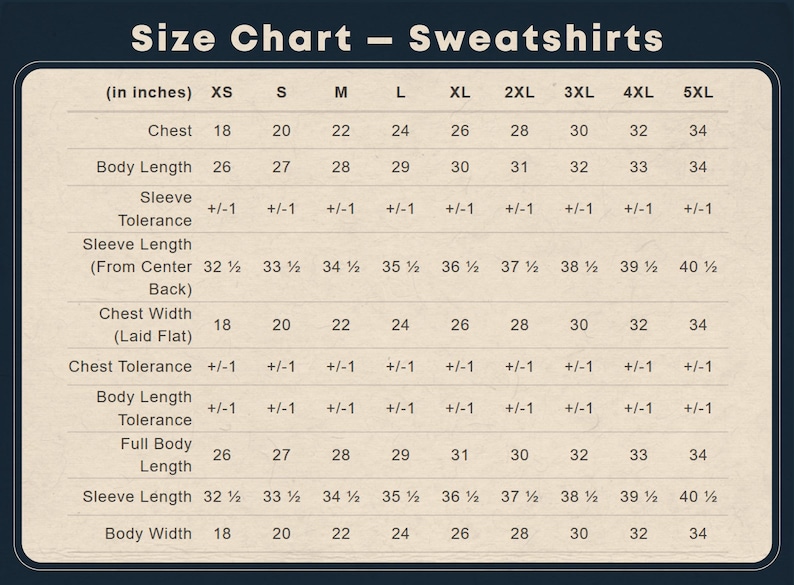 Puede incluir: Una tabla de tallas de sudaderas en color beige con texto oscuro titulada Size Chart - Sweatshirts. Enumera las medidas en pulgadas para las tallas de la XS a la 5XL, incluyendo pecho, longitud corporal, longitud de manga y tolerancias.