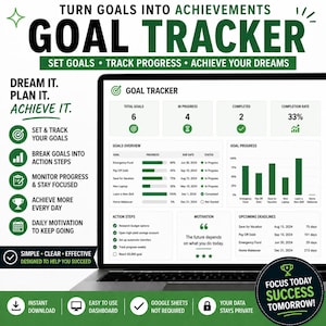 Könnte beinhalten: Ein Laptop-Bildschirm zeigt eine Zielverfolgungs-Oberfläche mit Fortschrittsbalken, Diagrammen und Fristen. Die Oberfläche ist grün und weiß, mit dem Text "GOAL TRACKER" oben. Der Bildschirm zeigt die Gesamtziele, laufende Ziele, abgeschlossene Ziele und die Fertigstellungsrate.