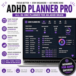 Könnte beinhalten: Ein Laptop-Bildschirm, der die ADHD Planner Pro-Oberfläche anzeigt. Der Planer enthält Abschnitte für den täglichen Fokus, Aufgaben, Zeitplan und Gewohnheitsverfolgung. Das Design ist lila und weiß, mit dem Text "Designed for ADHD Success!"