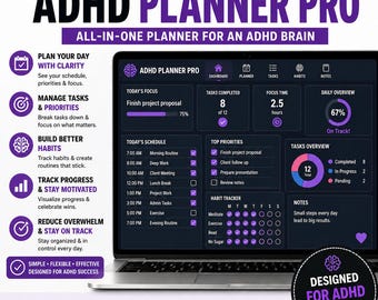 ADHD Planner for Adults | Digital Daily Planner with Focus Timer, Brain Dump, Now Next Later | Interactive Browser Tool, Instant Download