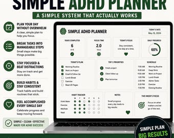 ADHD Planner | Focus Task Organizer, Brain Dump, Now Next Later (Digital Download)